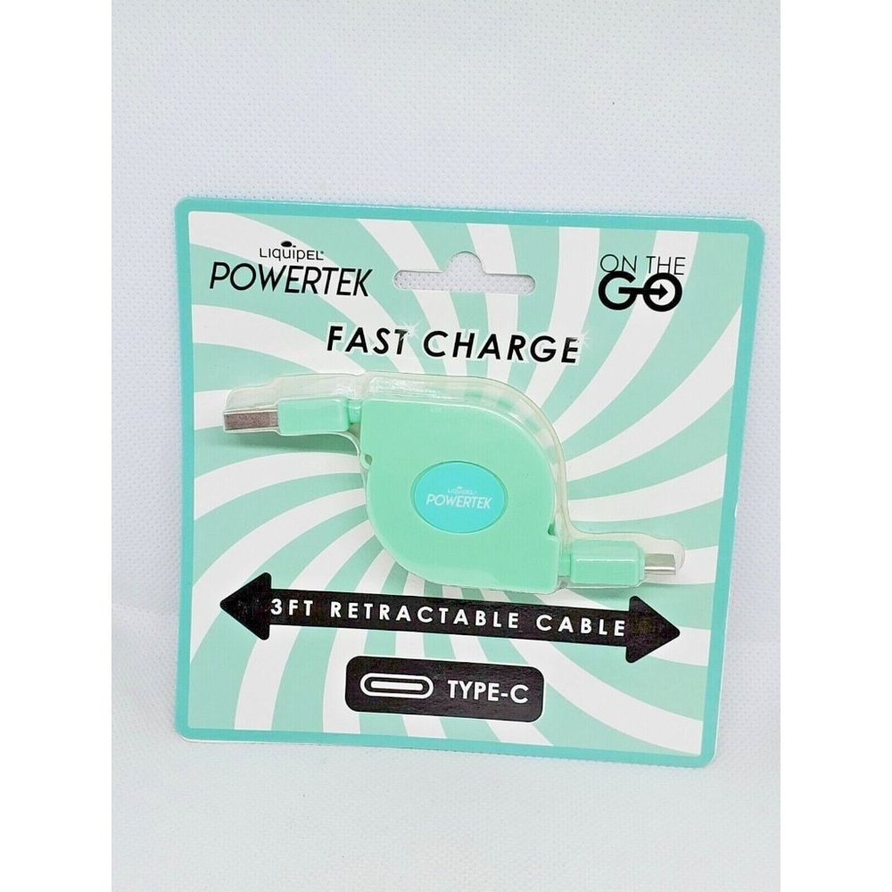 Liquipel Powertek On The Go Fast Charge Mint Type C 3ft Retractable Phone Cord